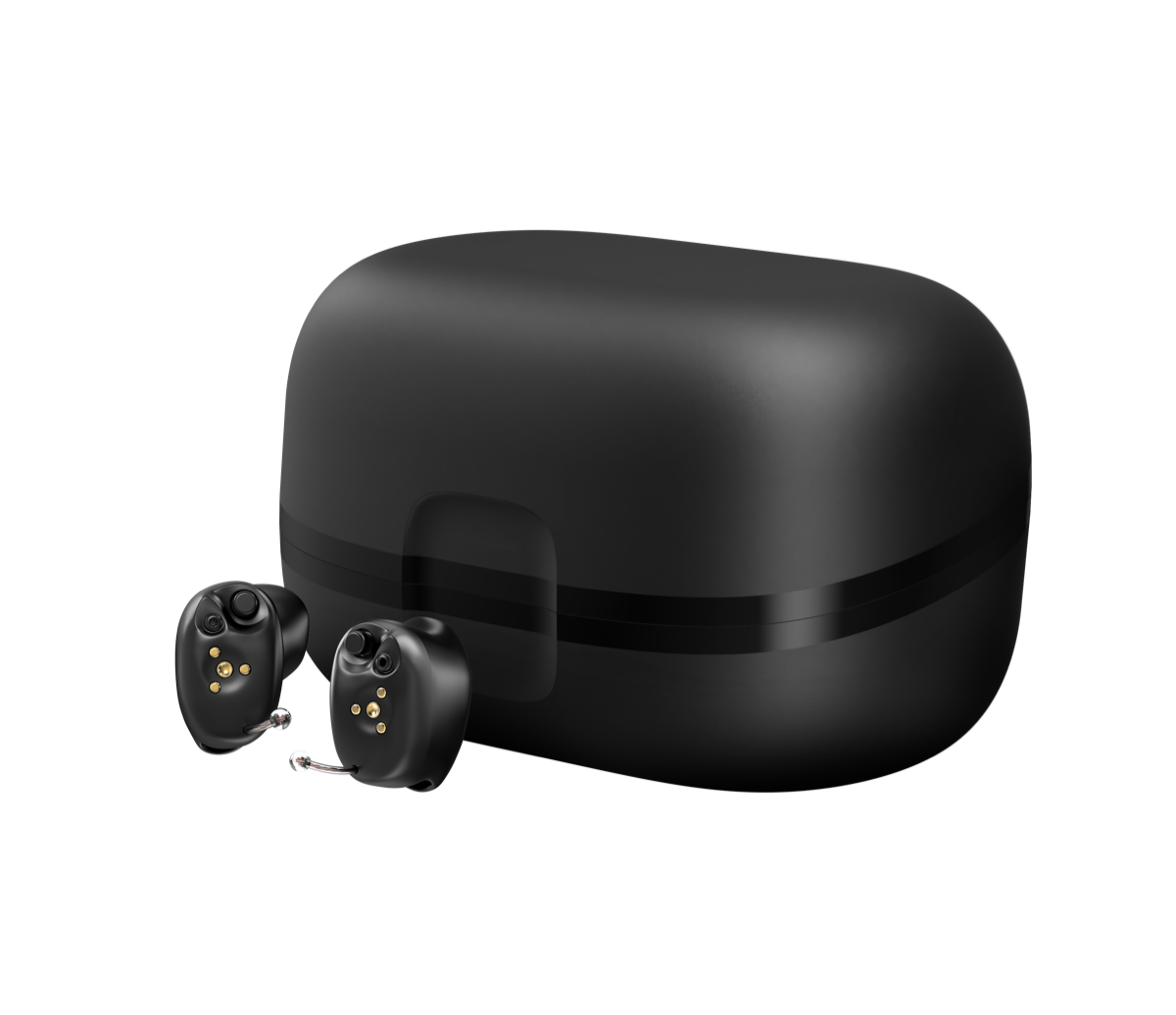 Two black Starkey Genesis AI completely-in-canal rechargeable hearing aids beside their pocket-sized StarLink charger