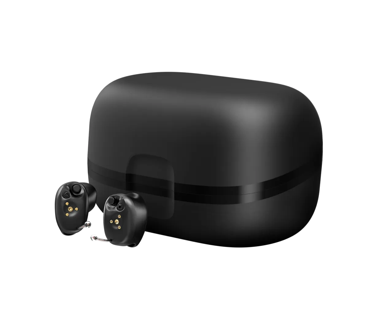 Two black Starkey Genesis AI completely-in-canal rechargeable hearing aids beside their pocket-sized StarLink charger