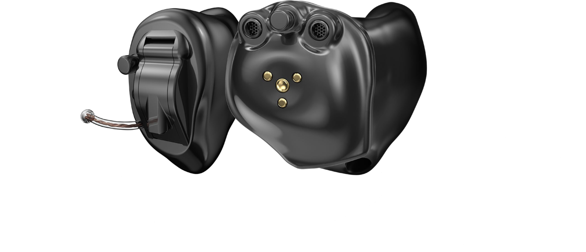 Two black Starkey Omega AI custom in-ear hearing aids, an in-the-canal and a completely-in-canal style, moulded to the ear