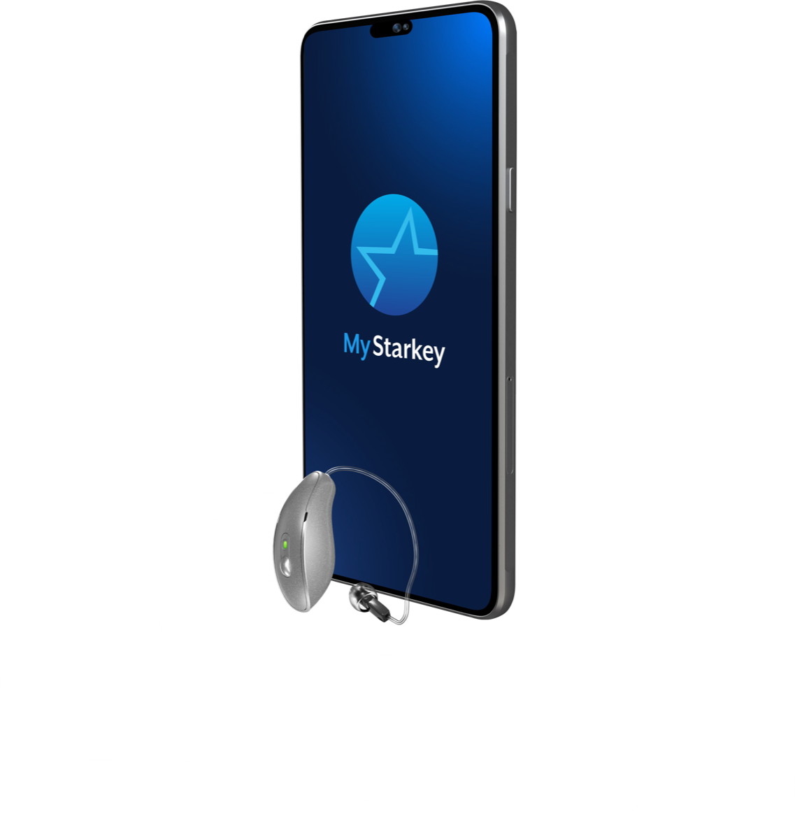 The silver Starkey Omega AI mRIC R receiver-in-canal hearing aid in front of a smartphone showing the My Starkey app