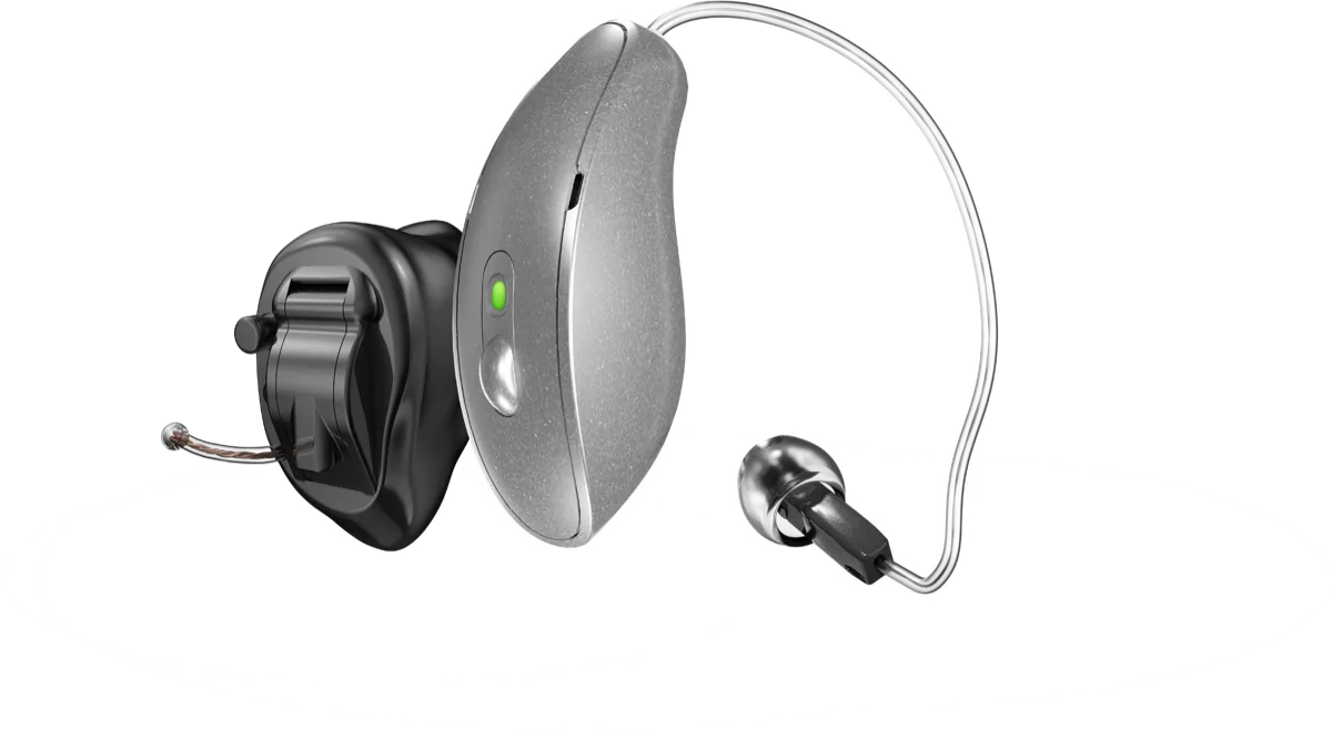 A Starkey Omega AI completely-in-canal hearing aid beside the mRIC receiver-in-canal style, shown pairing wirelessly