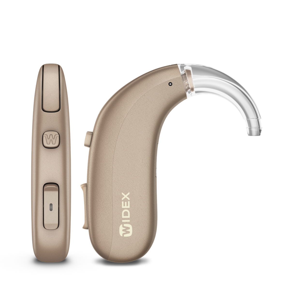 The Widex Allure BTE R D behind-the-ear hearing aid in autumn beige, shown from the front and the side with its clear earhook