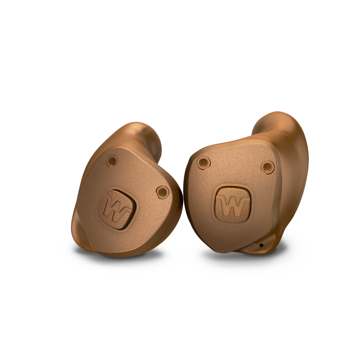 A pair of Widex custom in-the-ear hearing aids in clay brown, each moulded to the shape of an ear canal