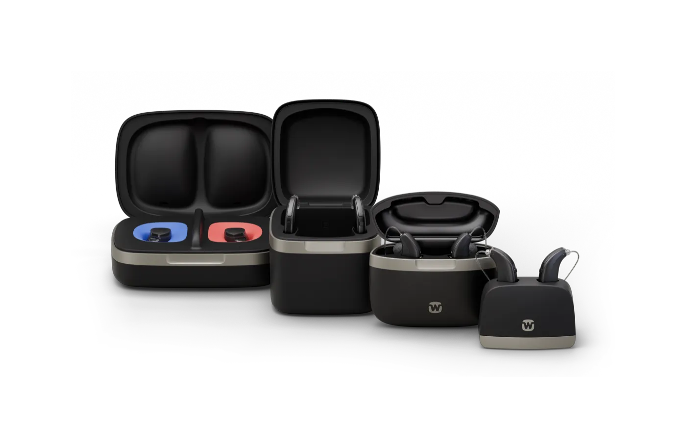 The Widex charger line-up — a portable charging case with hearing aids docked, a desktop charger, and the Charge n Clean charger